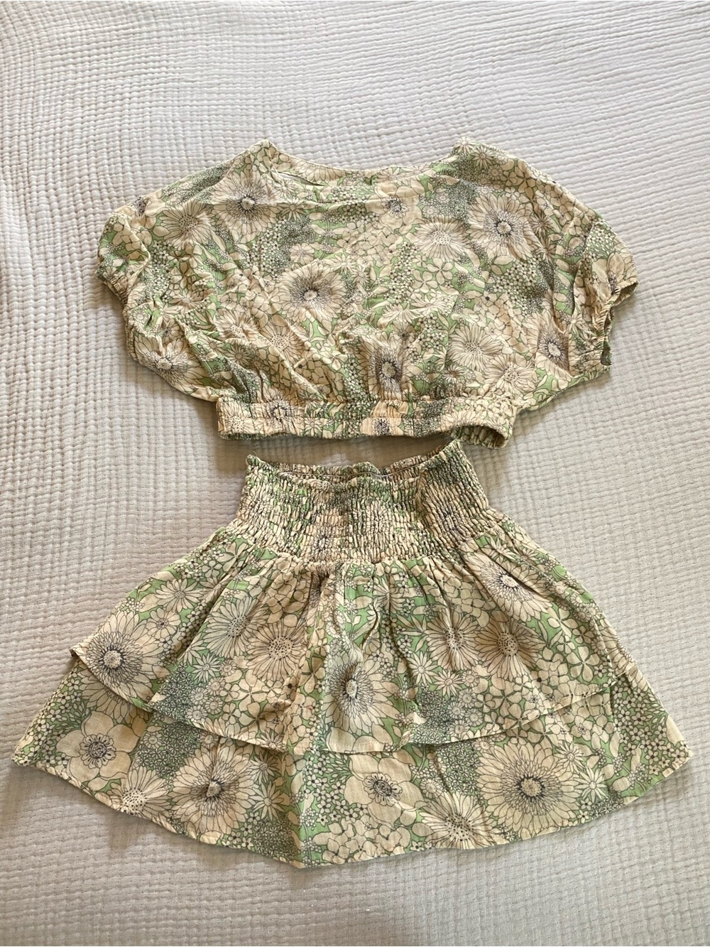Floral Smocked Mini Skirt in Cream & Light Green